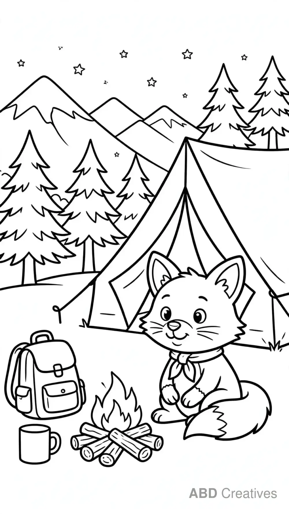 Fox Camping by a Tent Coloring Page