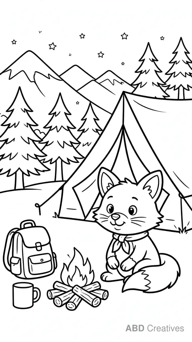 Fox Camping by a Tent Coloring Page