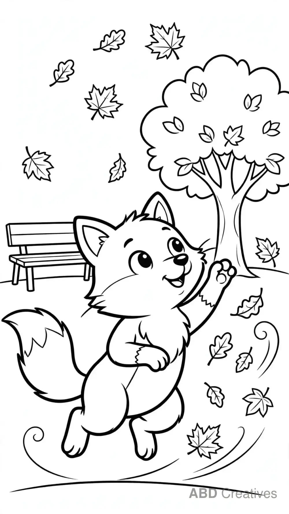 Fox Chasing Falling Leaves Coloring Page