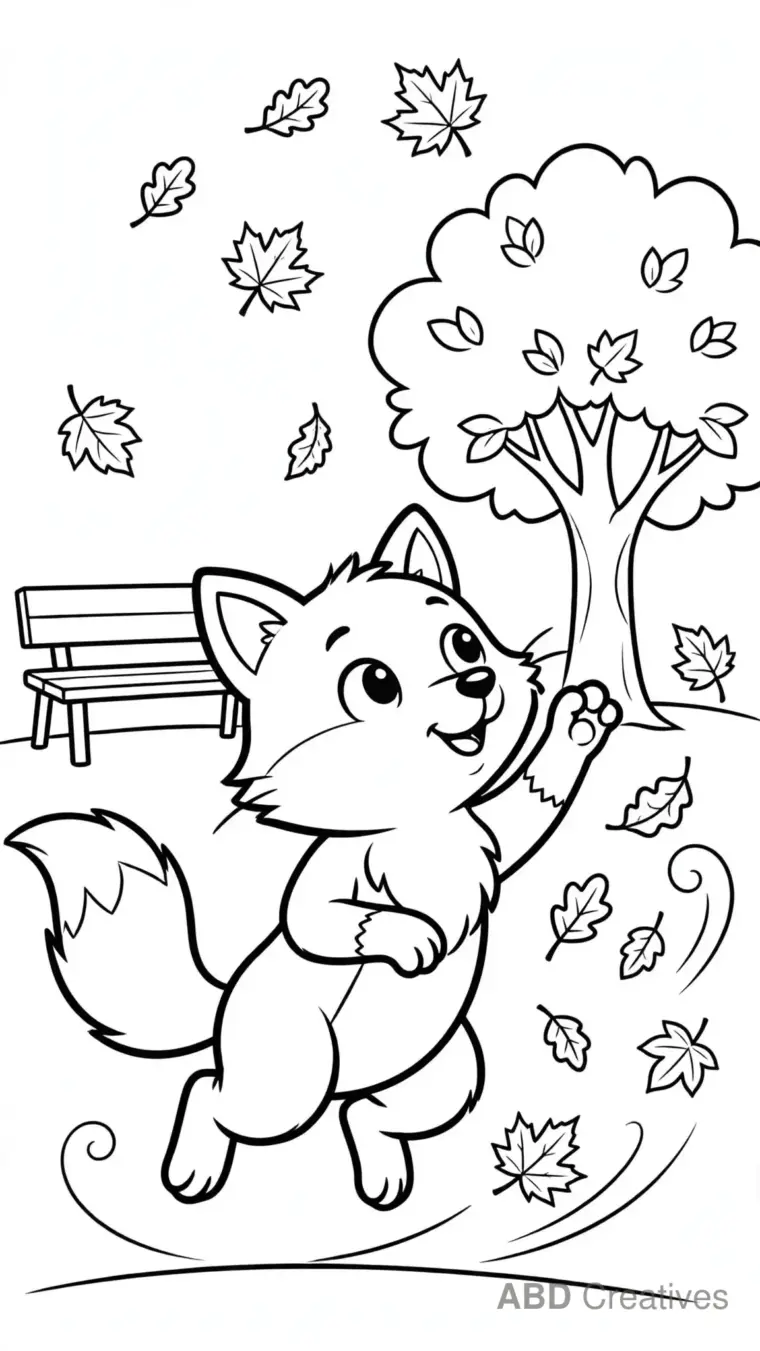 Fox Chasing Falling Leaves Coloring Page