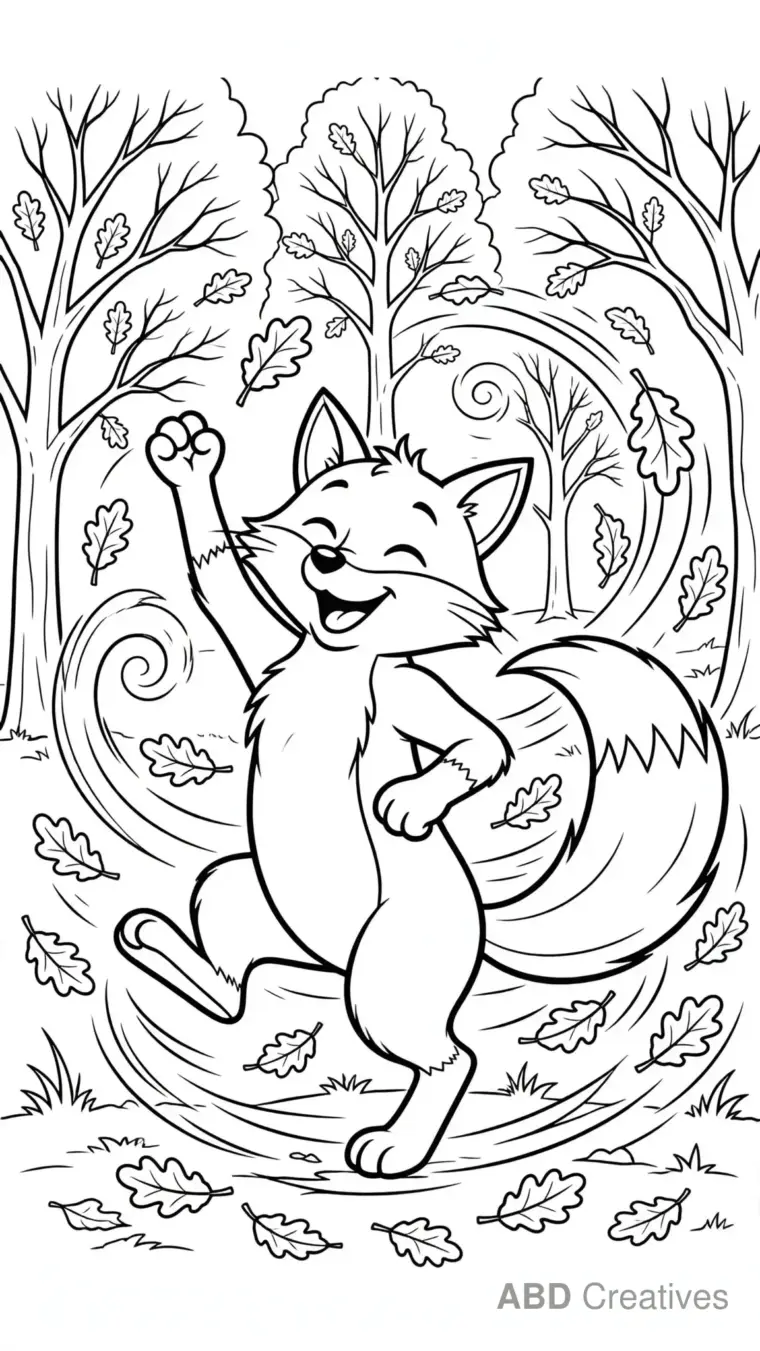 Fox Dancing in Autumn Leaves Coloring Page