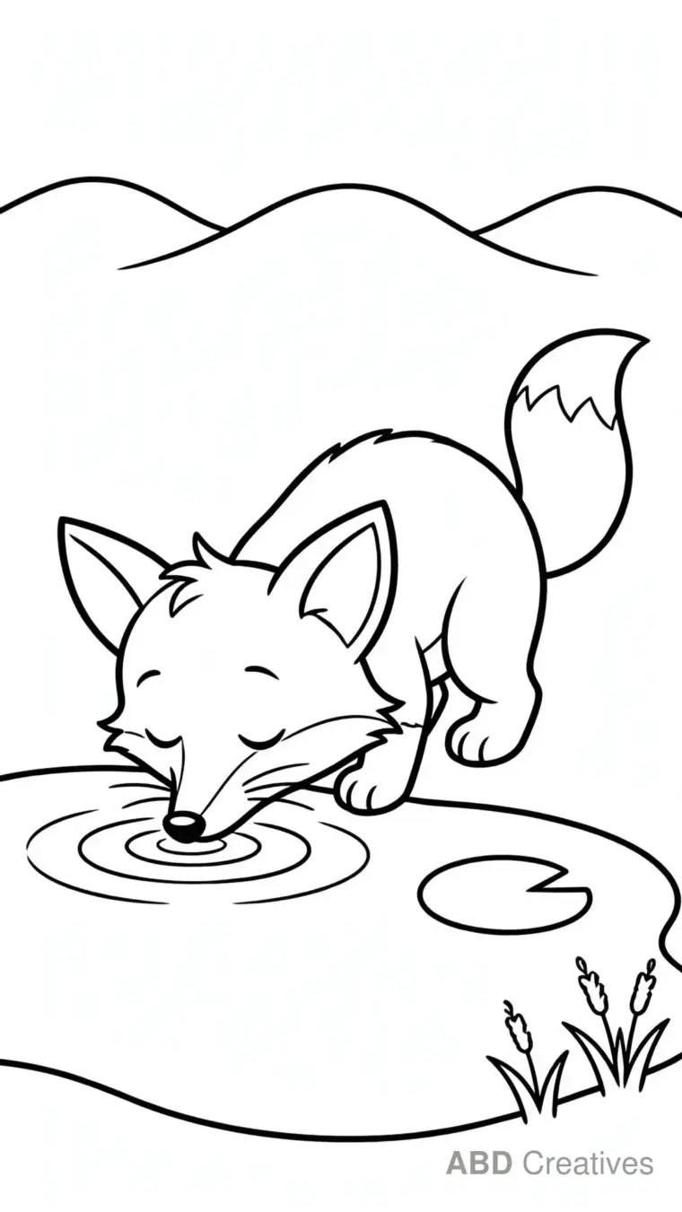 Fox Drinking from a Pond Coloring Page