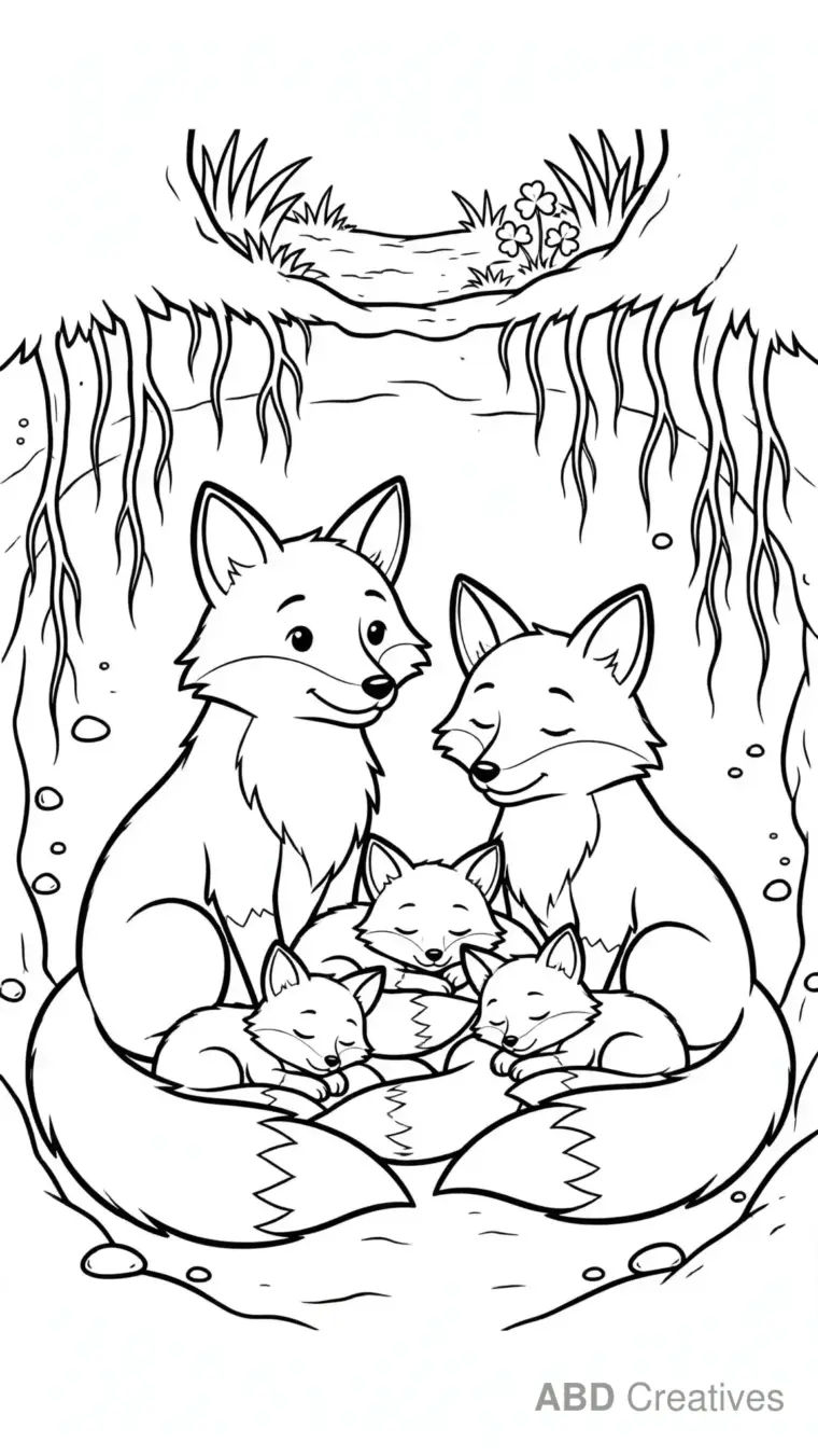 Fox Family in the Den Coloring Page