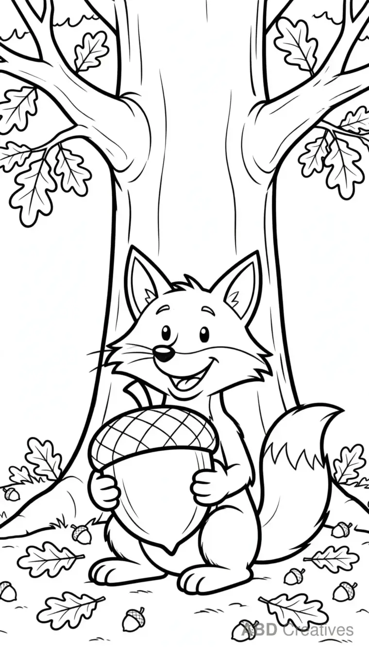 Fox Holding a Big Acorn Coloring Page