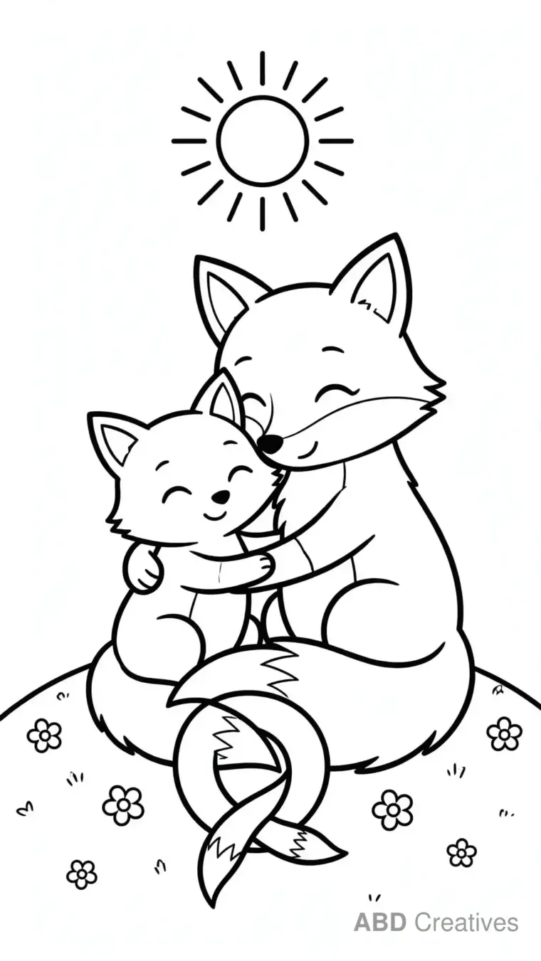 Fox Kit and Mama Fox Hugging Coloring Page