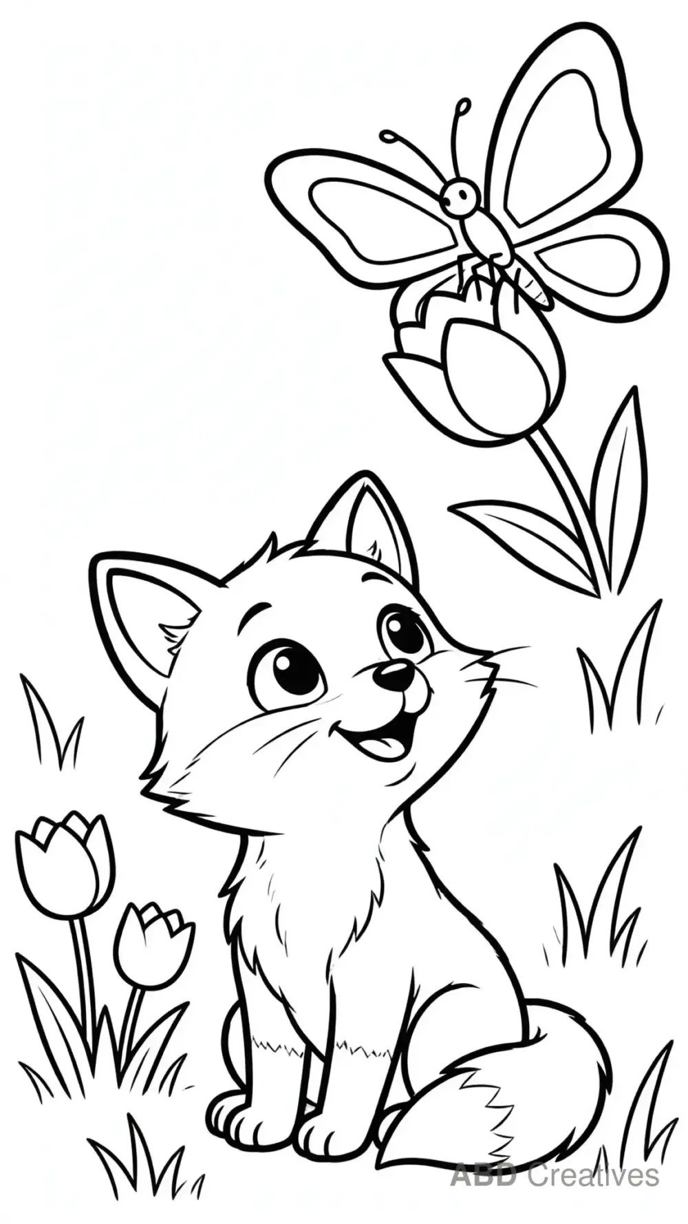 Fox Kit with a Butterfly Coloring Page