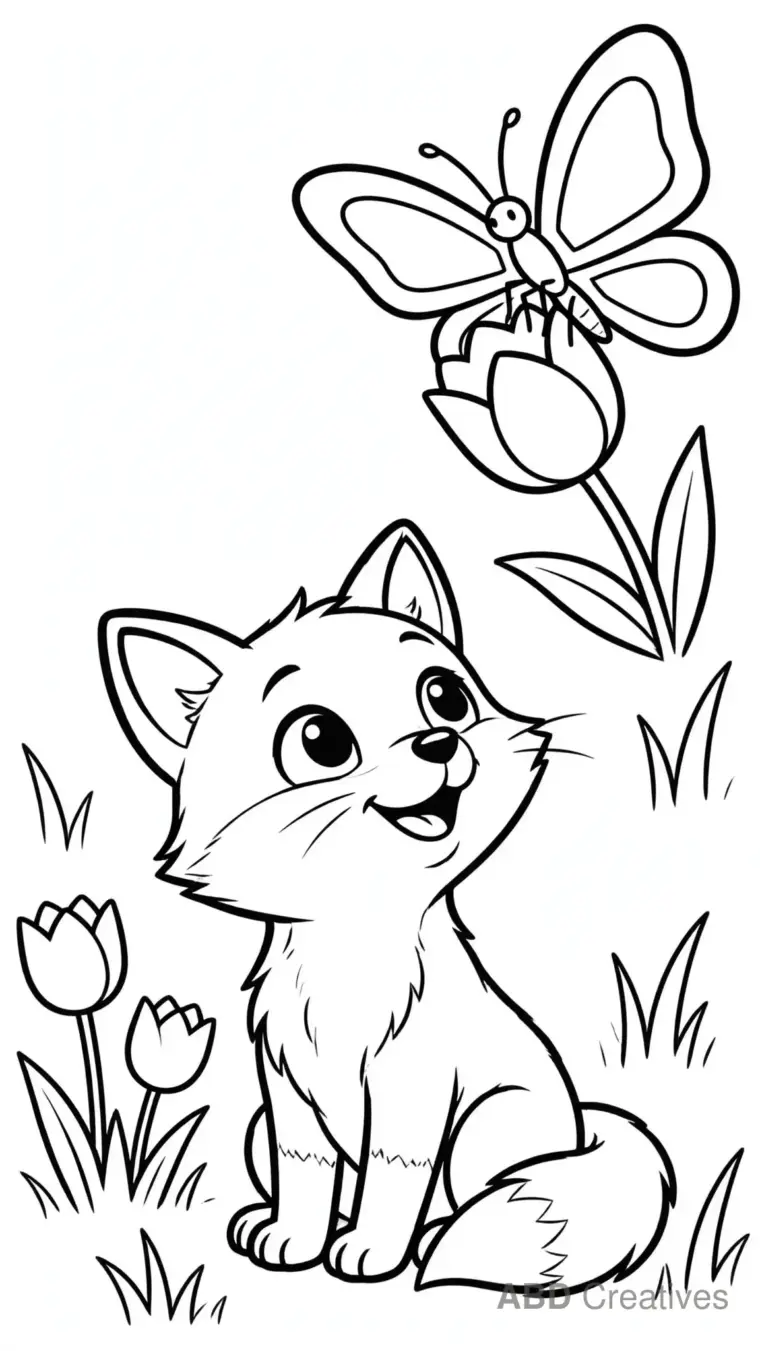 Fox Kit with a Butterfly Coloring Page