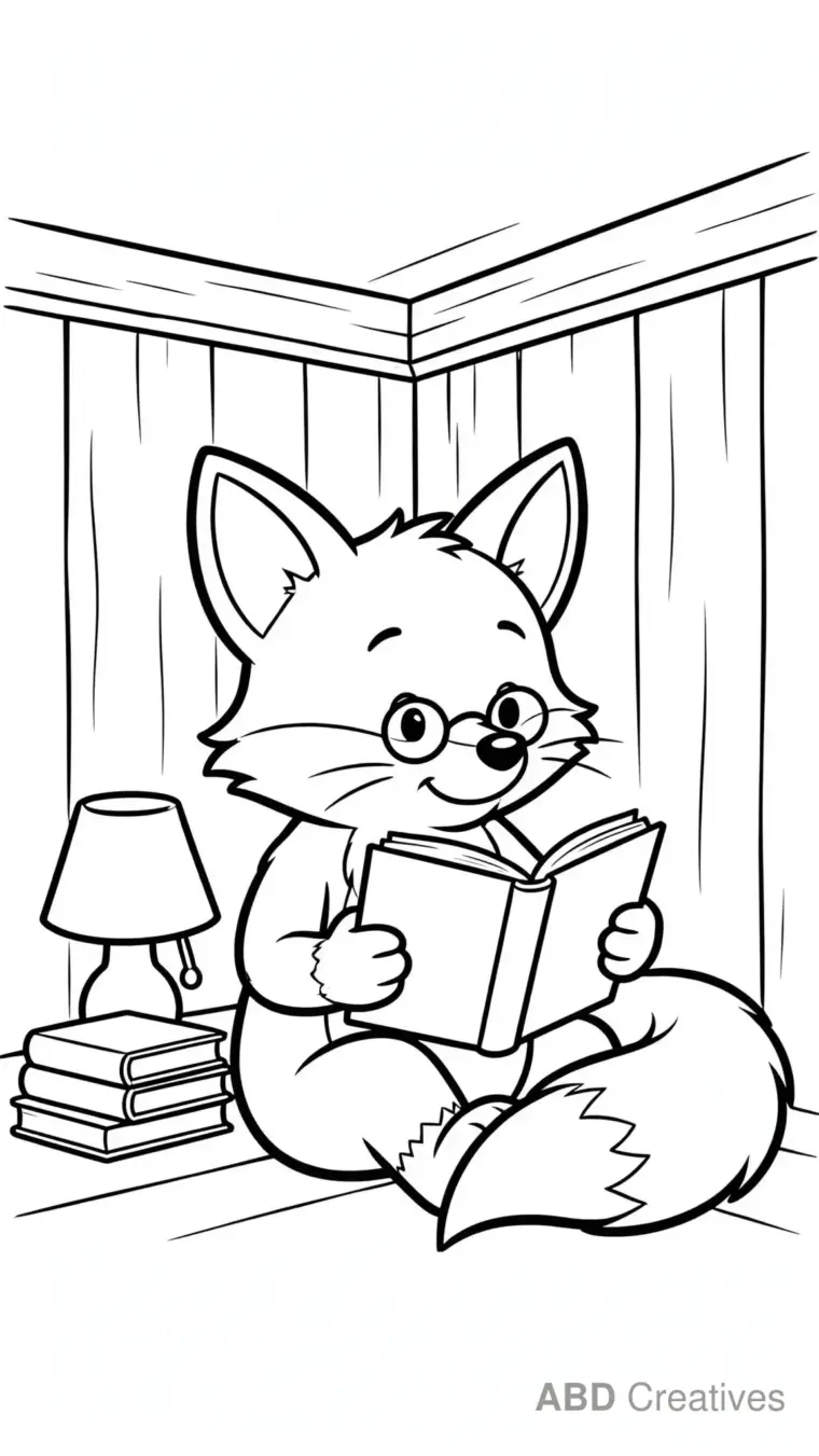 Fox Reading a Book Coloring Page