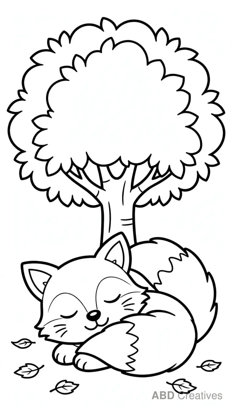 Fox Sleeping Under a Tree Coloring Page