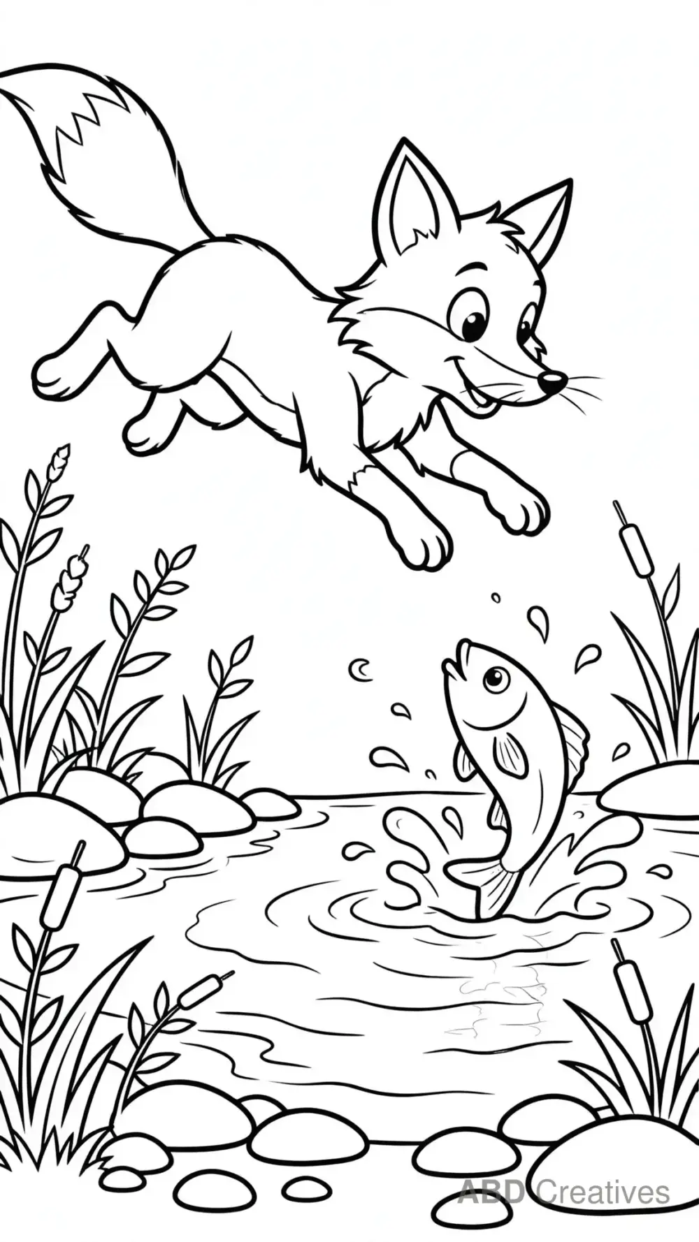 Fox at a Stream Catching Fish Coloring Page
