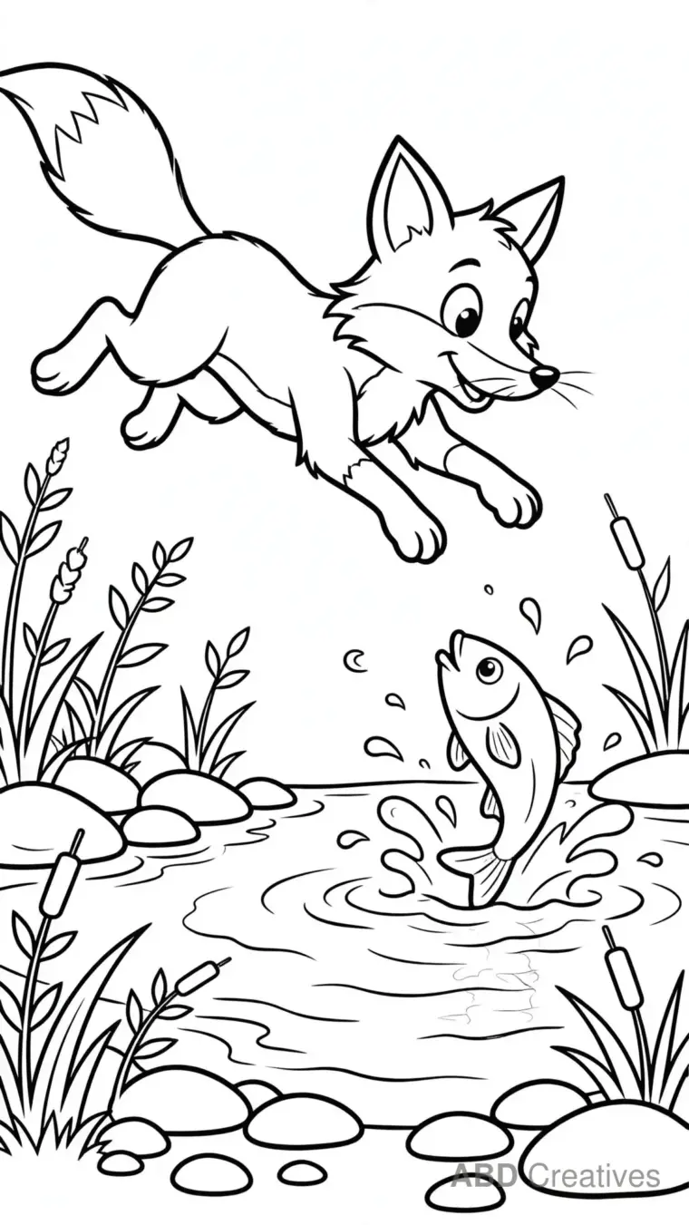 Fox at a Stream Catching Fish Coloring Page