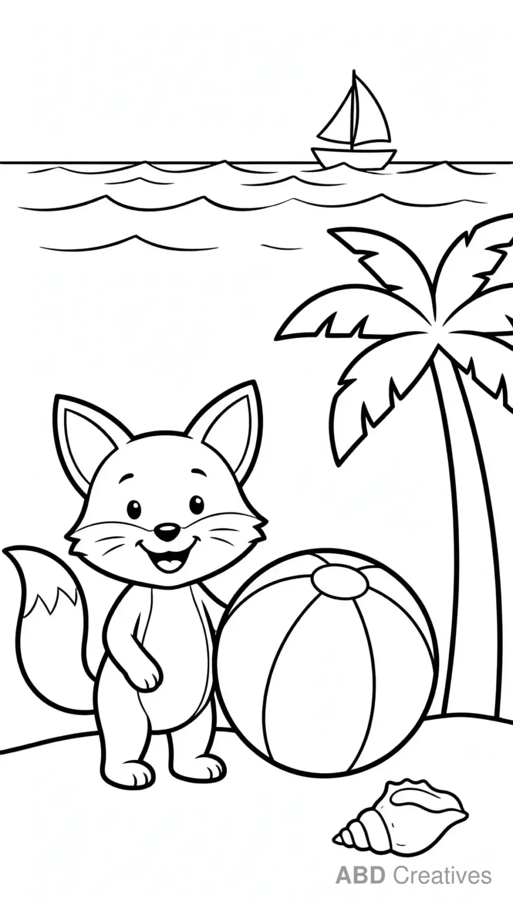 Fox at the Beach with a Ball Coloring Page