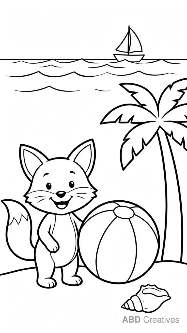 Fox at the Beach with a Ball Coloring Page