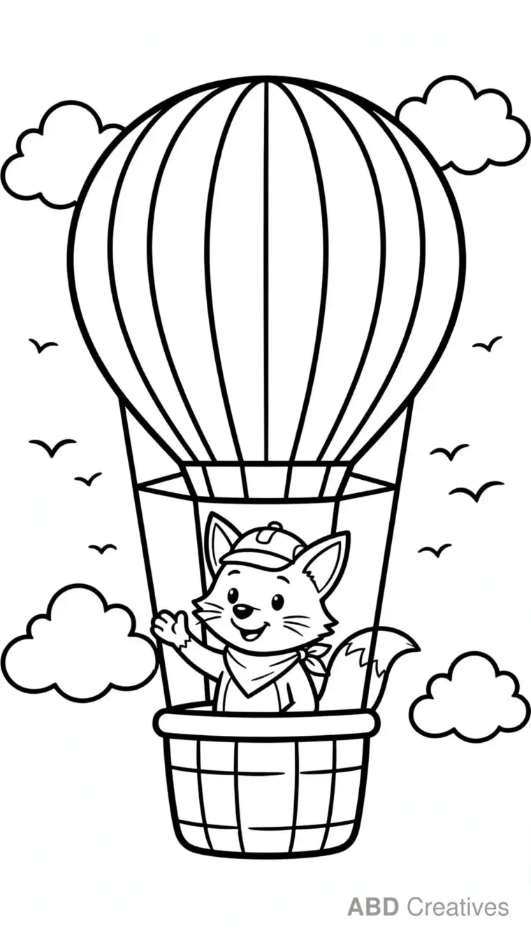 Fox in a Hot Air Balloon Coloring Page