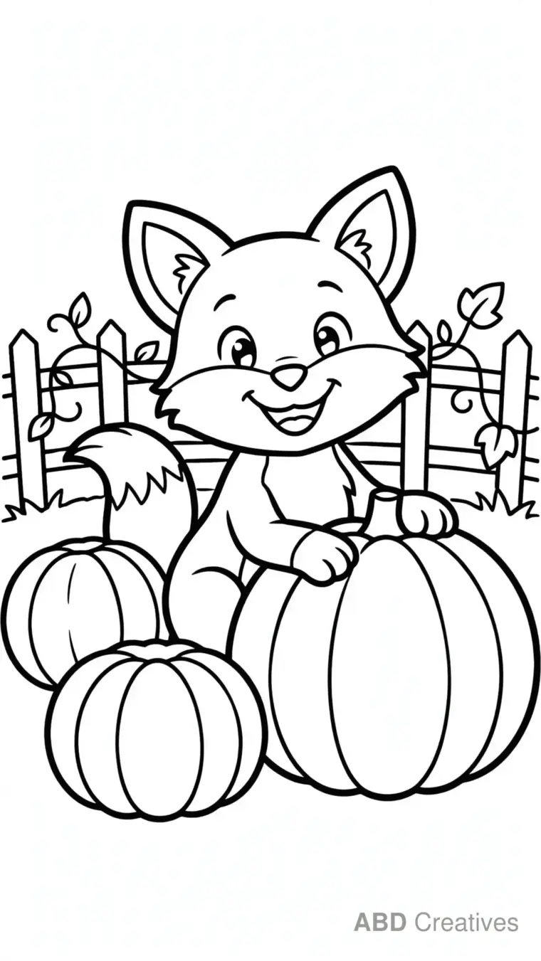 Fox in a Pumpkin Patch Coloring Page