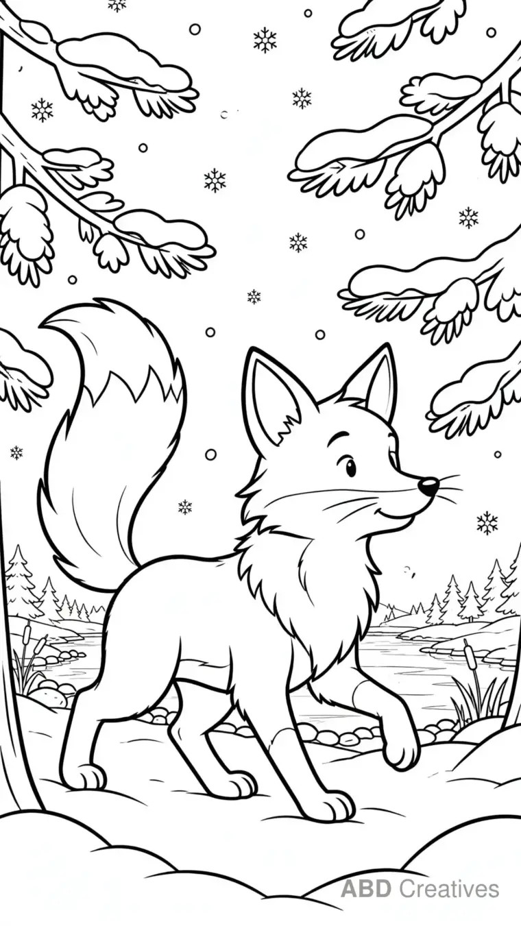 Fox in a Winter Forest Scene Coloring Page
