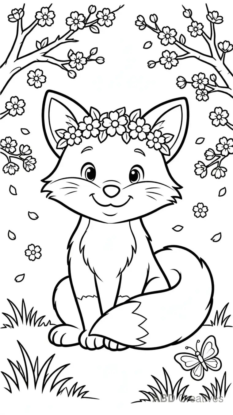 Fox with a Flower Crown in Spring Coloring Page
