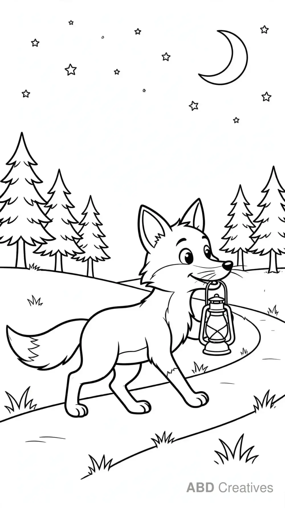 Fox with a Lantern at Night Coloring Page