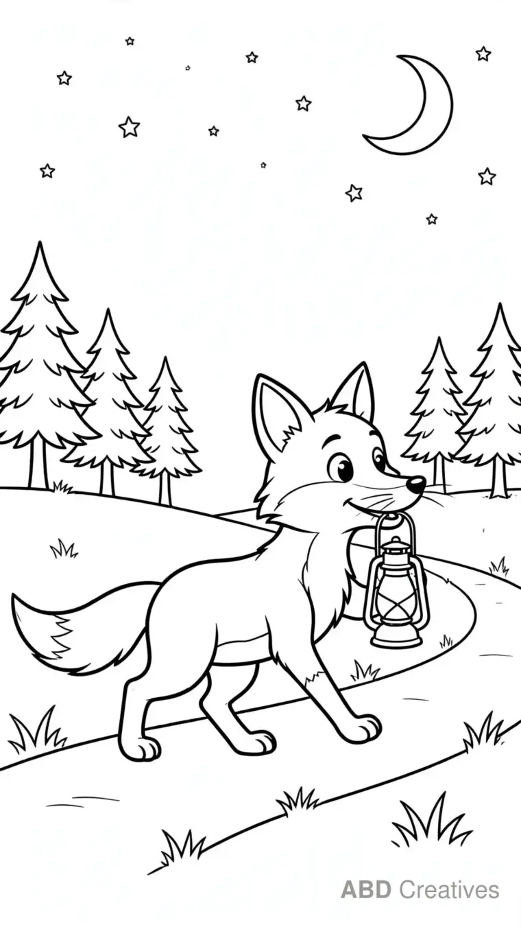Fox with a Lantern at Night Coloring Page