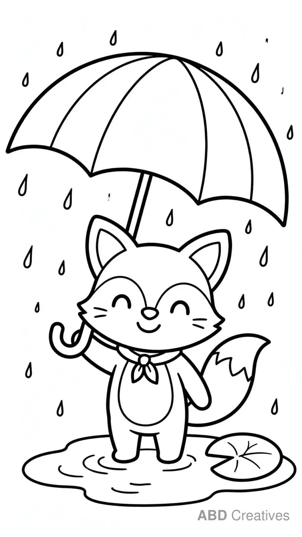 Fox with an Umbrella in Rain Coloring Page