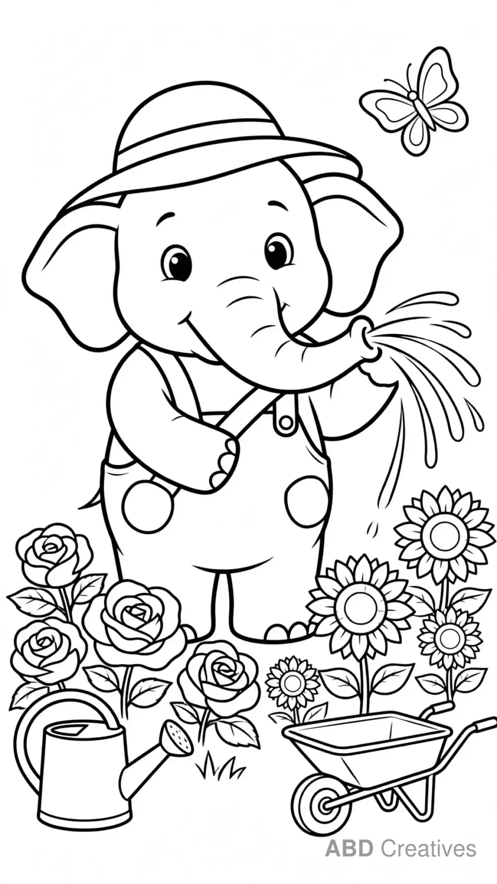 Gardener Elephant Watering Flowers Coloring Page