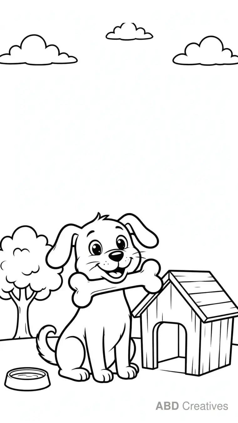 Happy Dog with a Bone at Its Doghouse Coloring Page