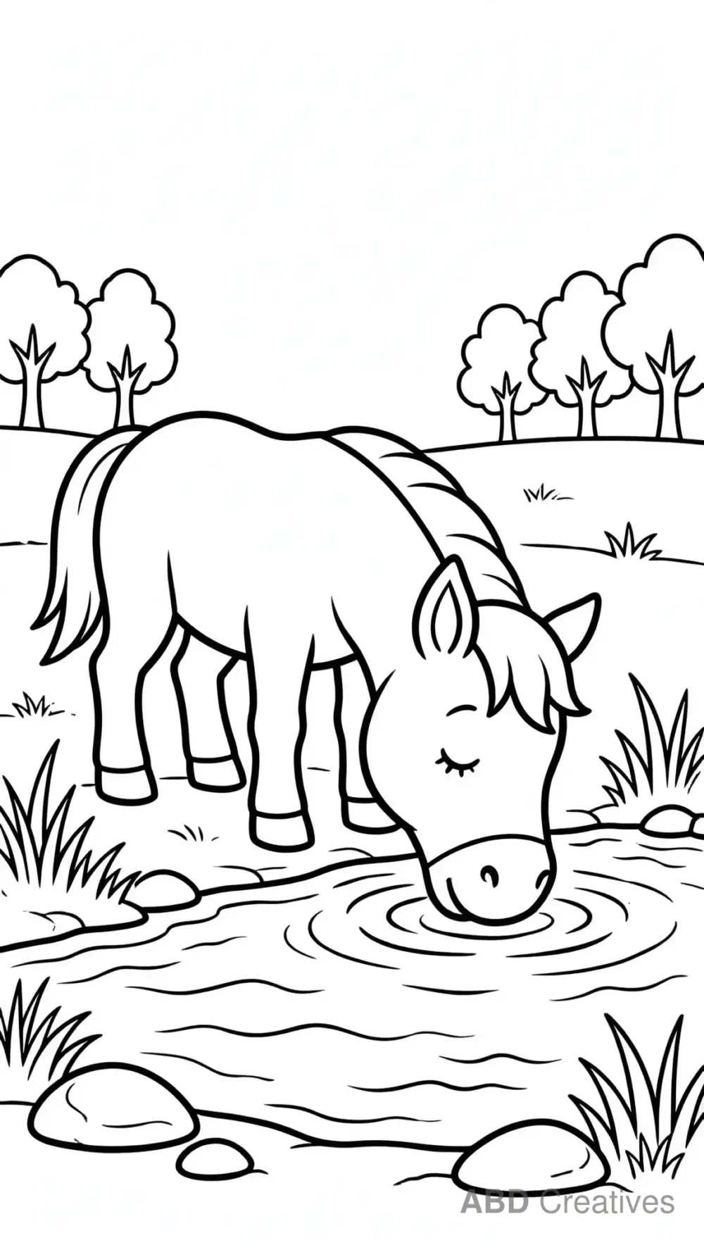 Horse Drinking Water by a River Coloring Page