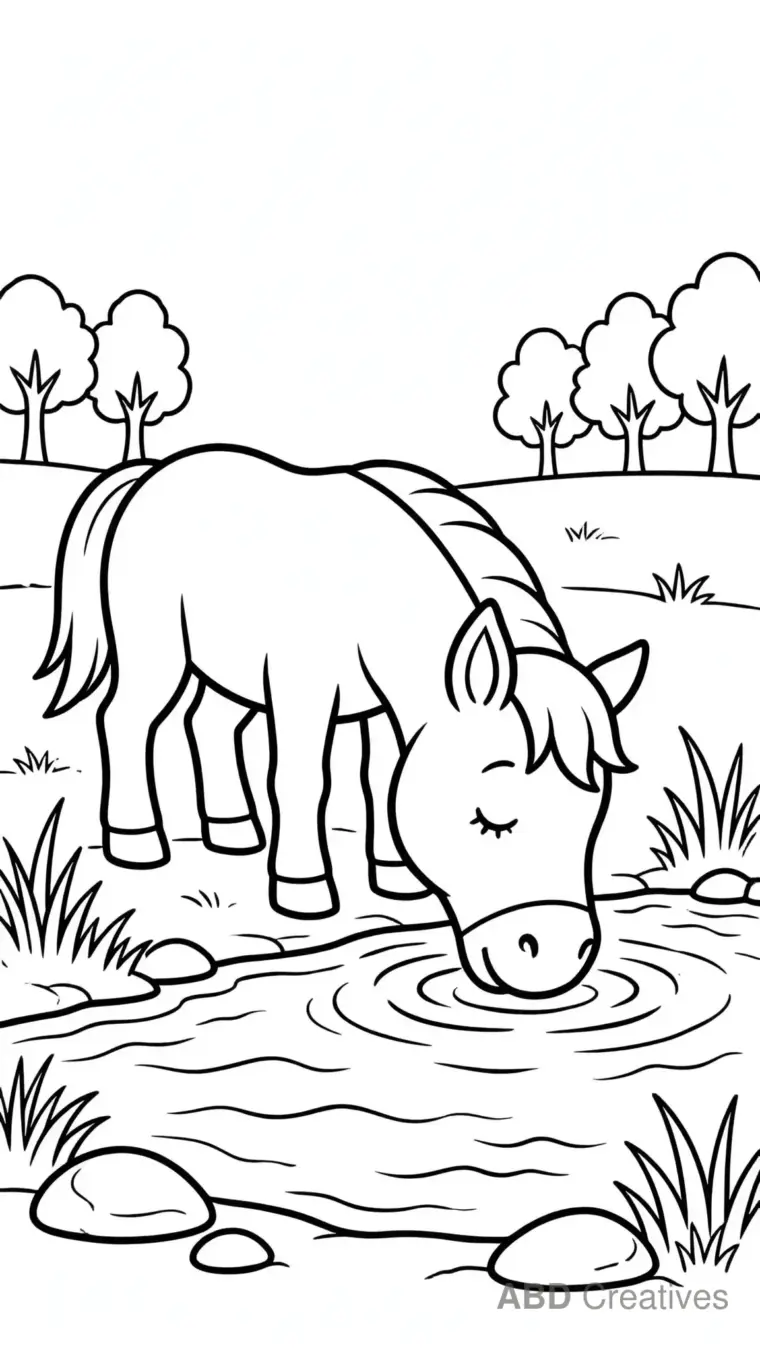 Horse Drinking Water by a River Coloring Page