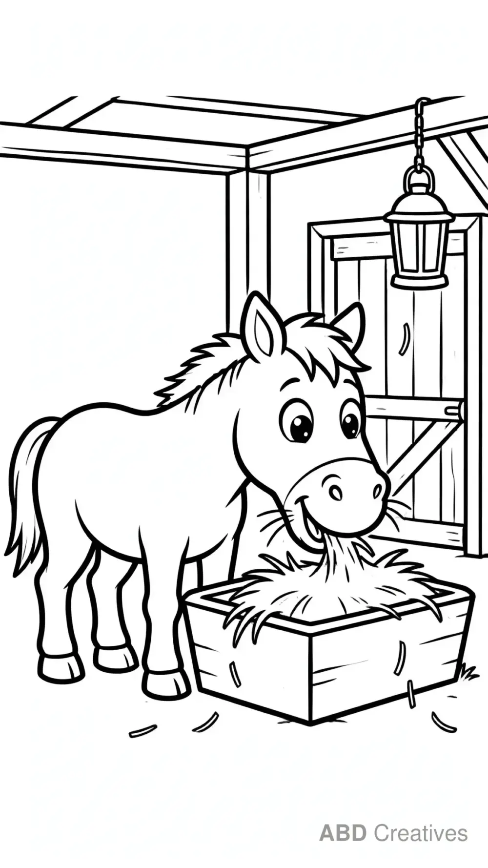 Horse Eating Hay from a Wooden Trough Coloring Page