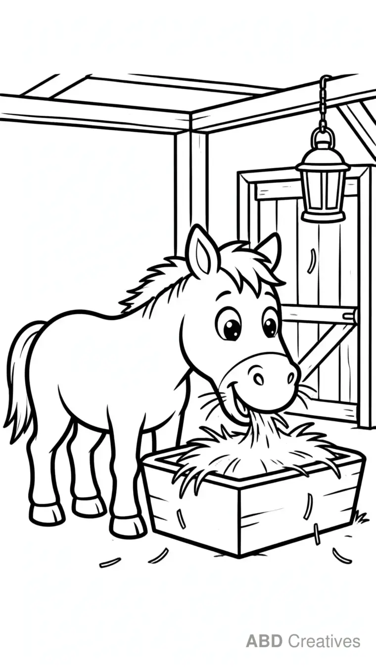 Horse Eating Hay from a Wooden Trough Coloring Page