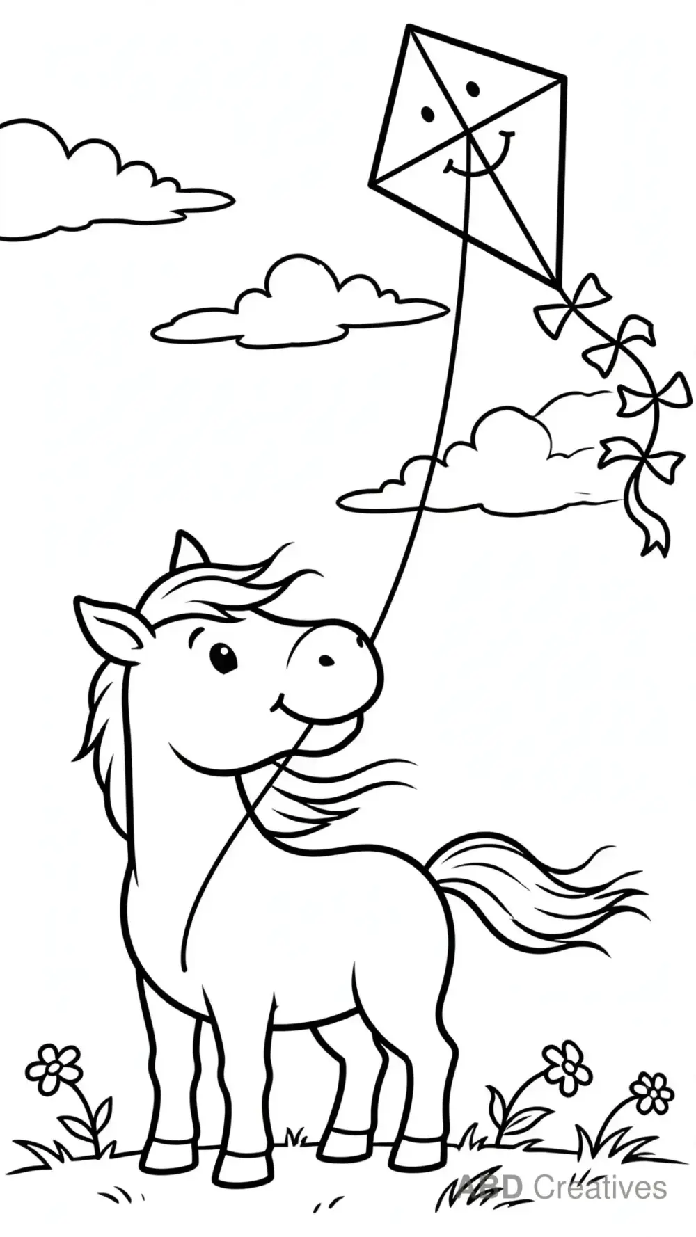 Horse Flying a Kite in a Windy Field Coloring Page
