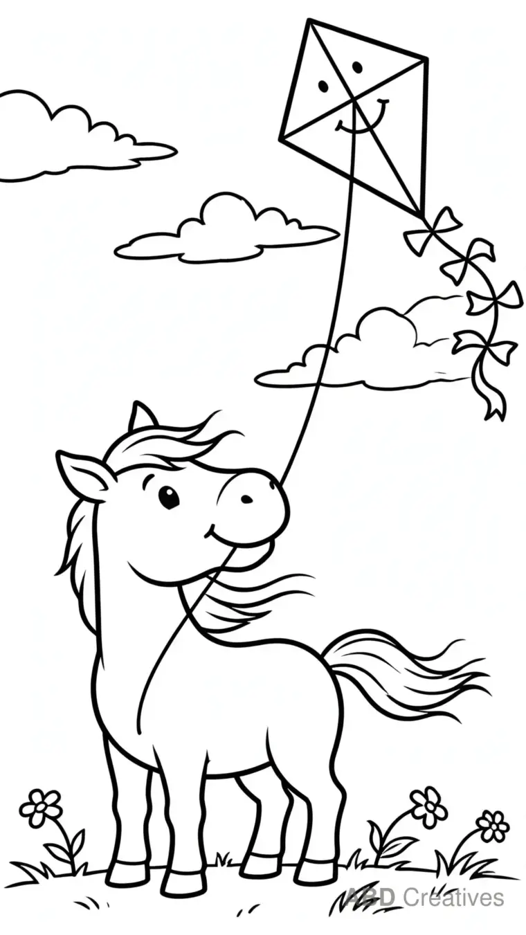 Horse Flying a Kite in a Windy Field Coloring Page