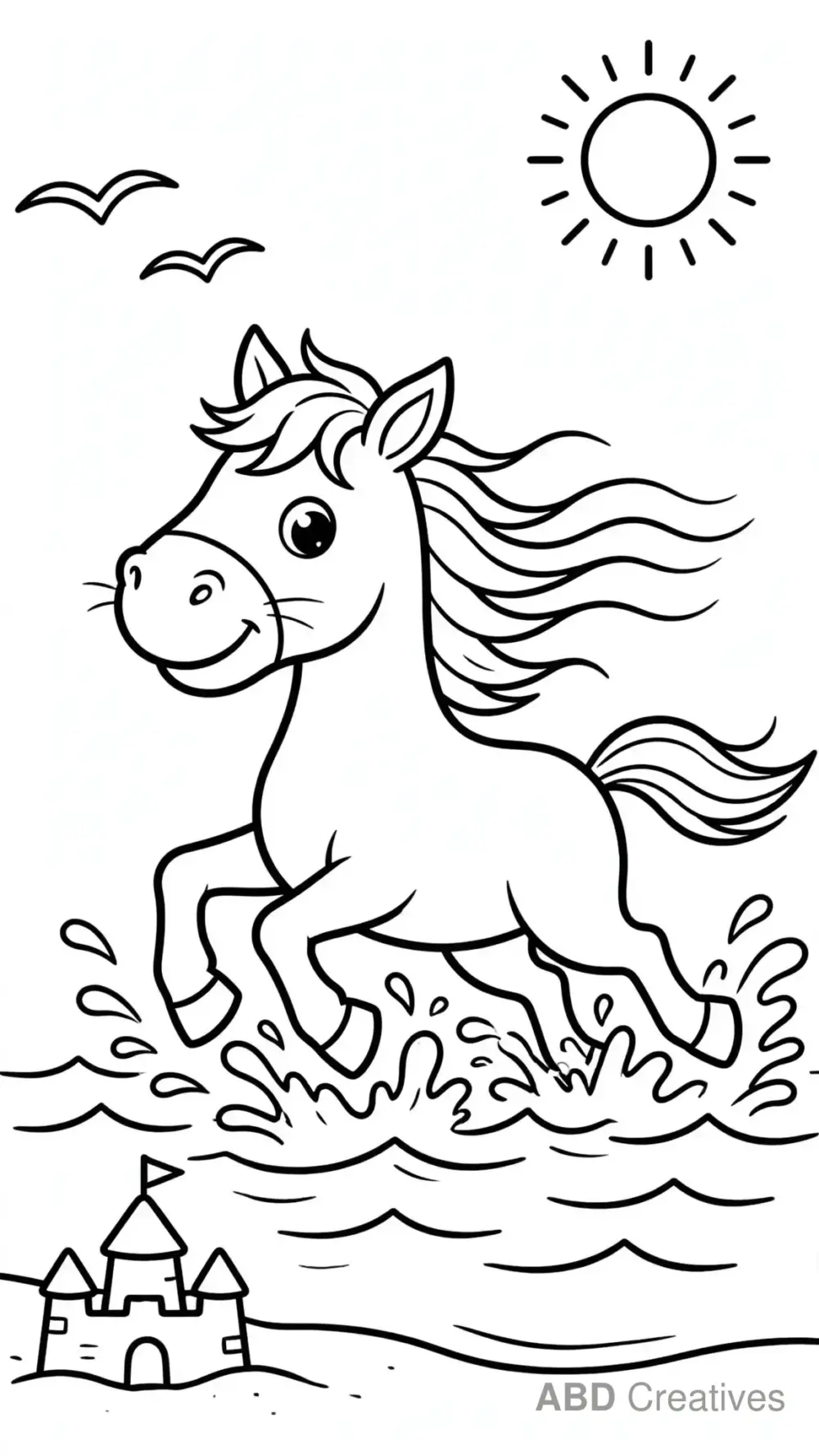 Horse Galloping on the Beach Coloring Page