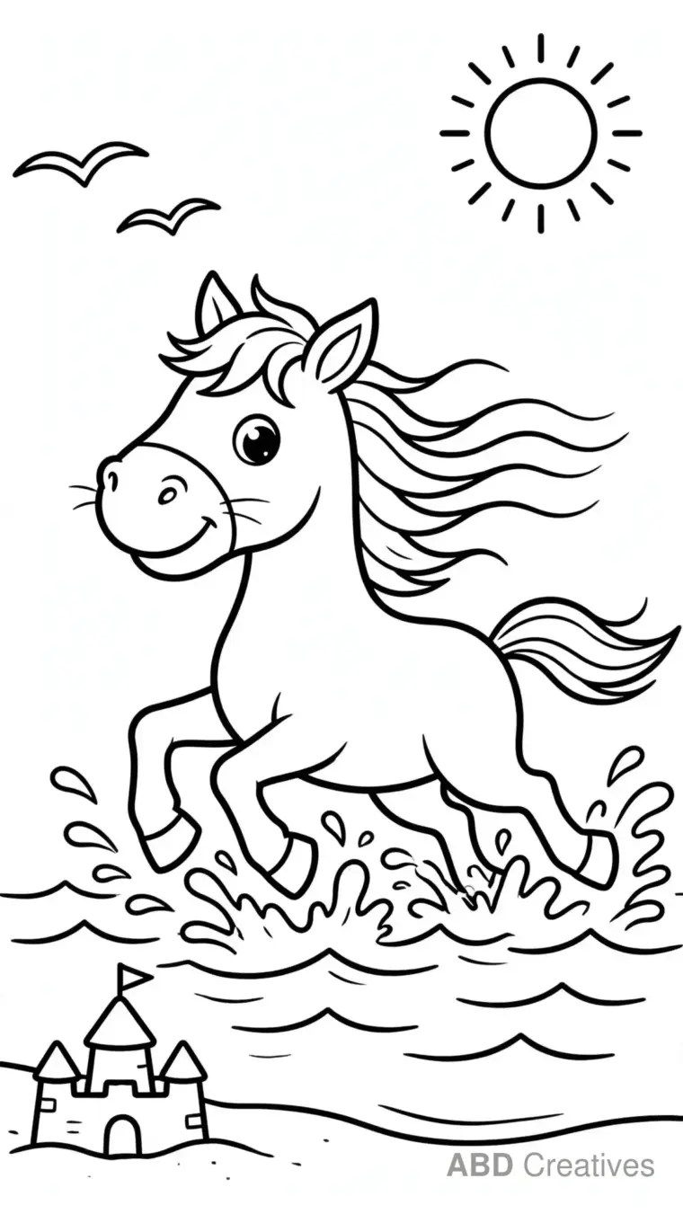 Horse Galloping on the Beach Coloring Page