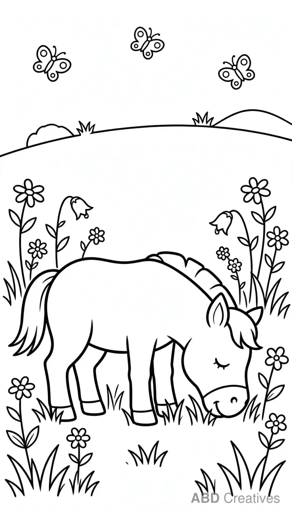 Horse Grazing Among Wildflowers Coloring Page
