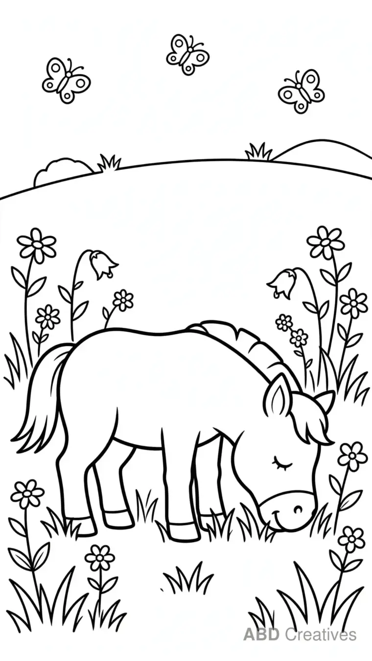 Horse Grazing Among Wildflowers Coloring Page