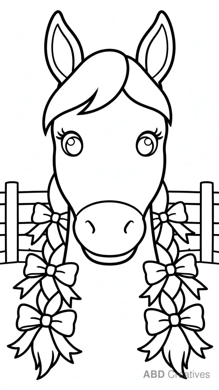 Horse Head with Braided Mane and Ribbons Coloring Page