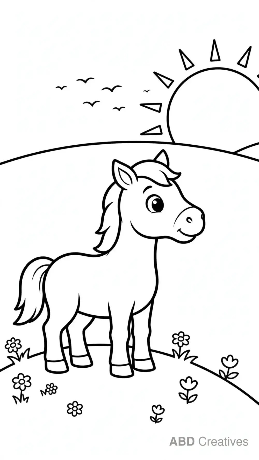 Horse Looking Over a Hill at Sunrise Coloring Page