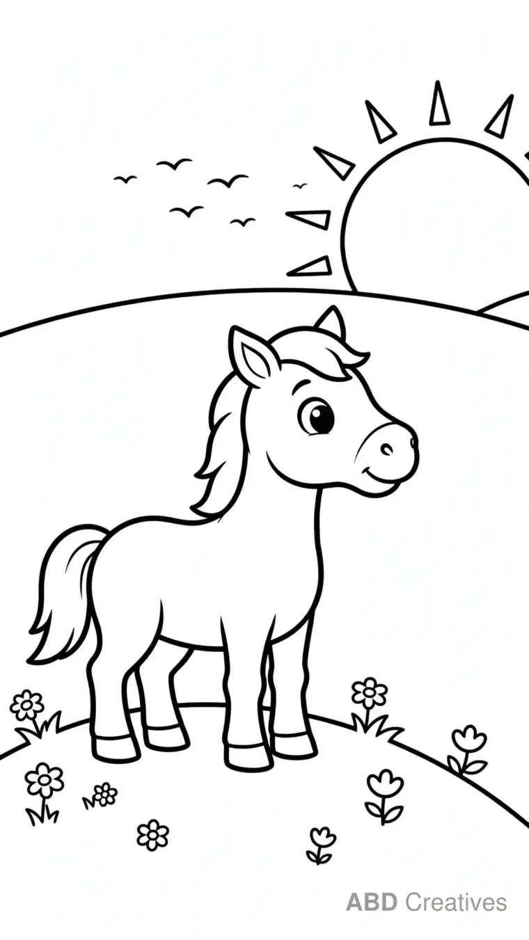 Horse Looking Over a Hill at Sunrise Coloring Page