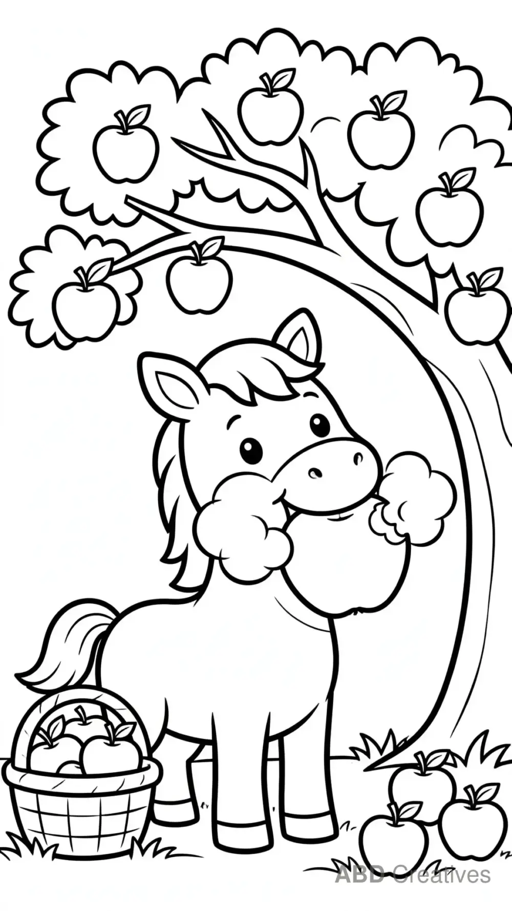 Horse Munching Apples in an Orchard Coloring Page