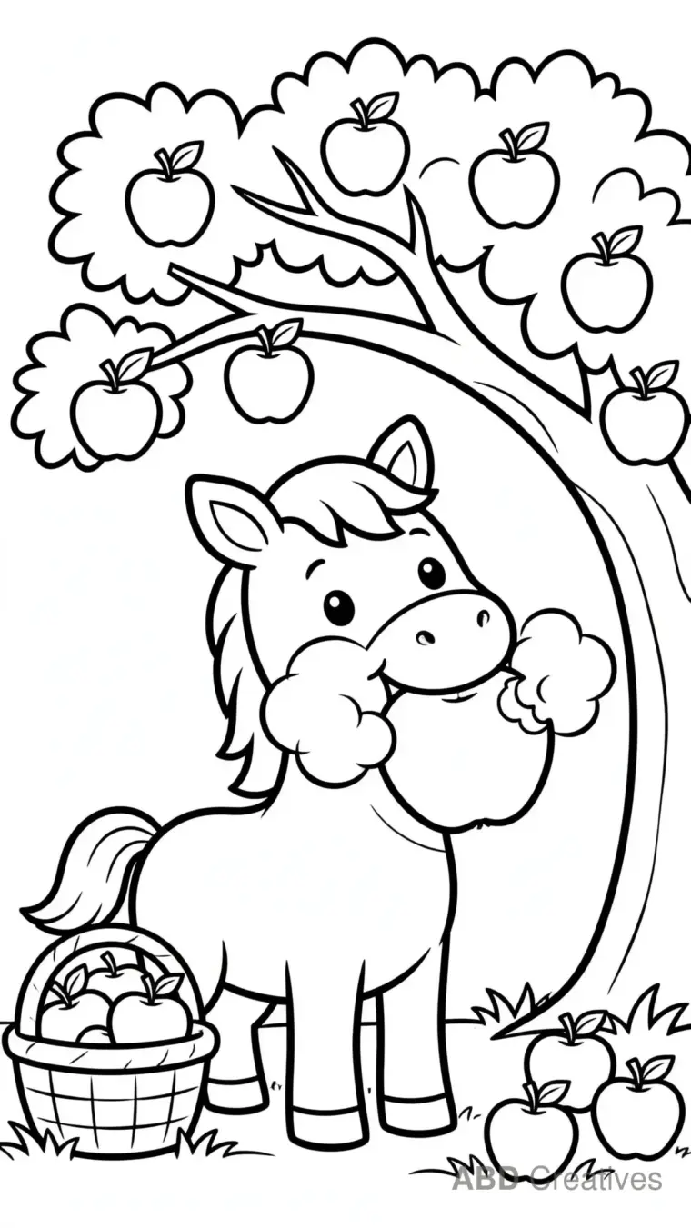 Horse Munching Apples in an Orchard Coloring Page