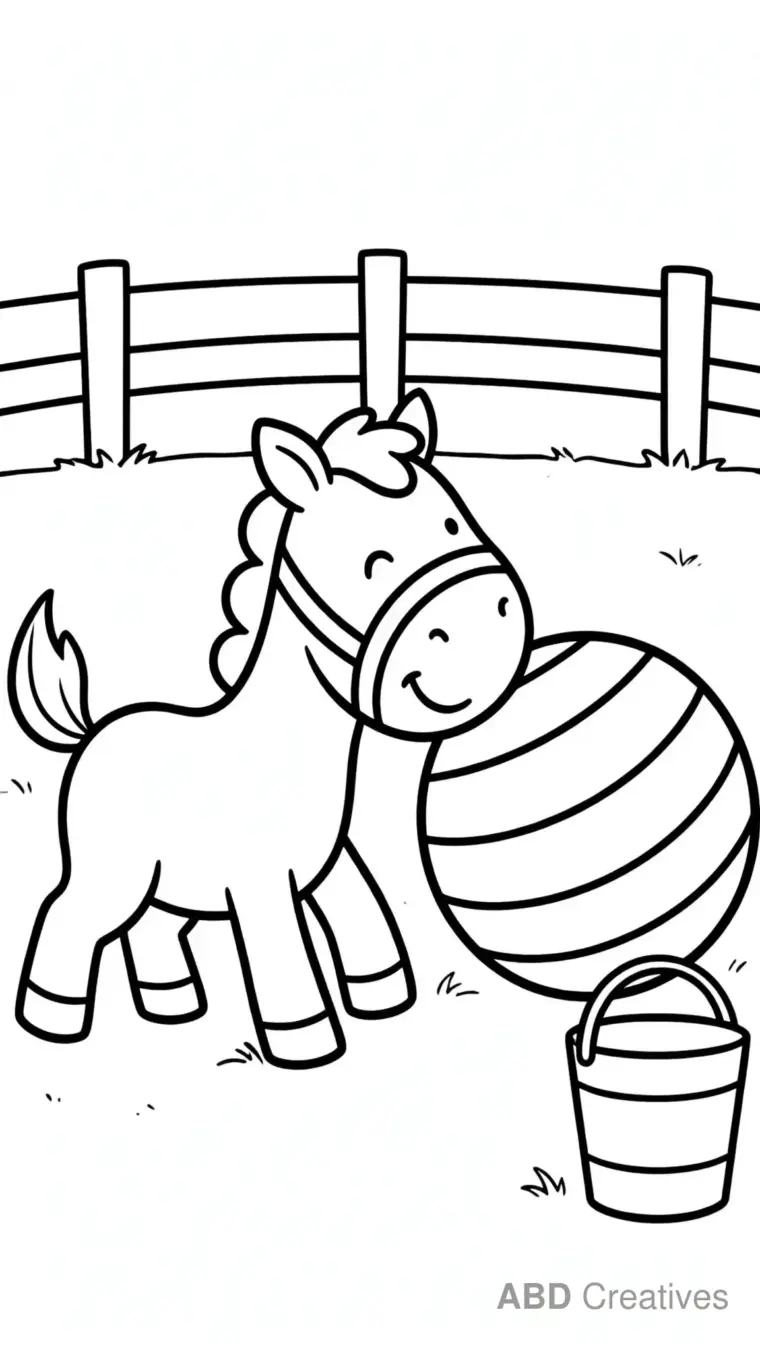 Horse Playing with a Ball in a Paddock Coloring Page