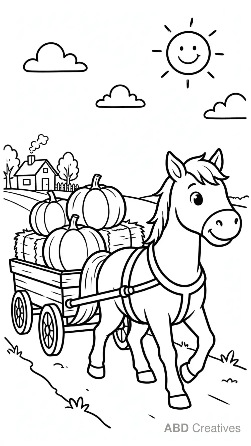 Horse Pulling a Colorful Wagon Coloring Page