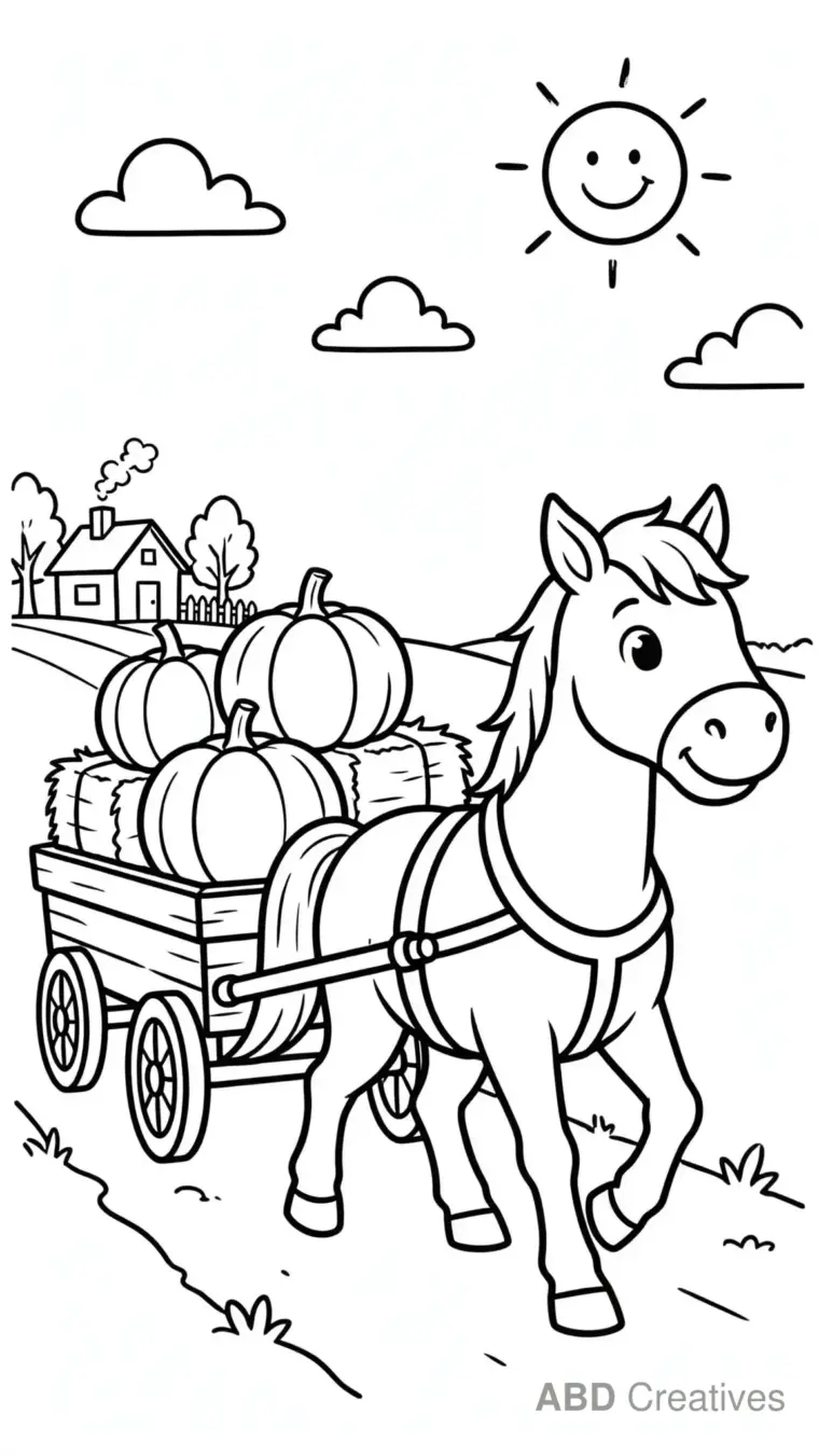 Horse Pulling a Colorful Wagon Coloring Page