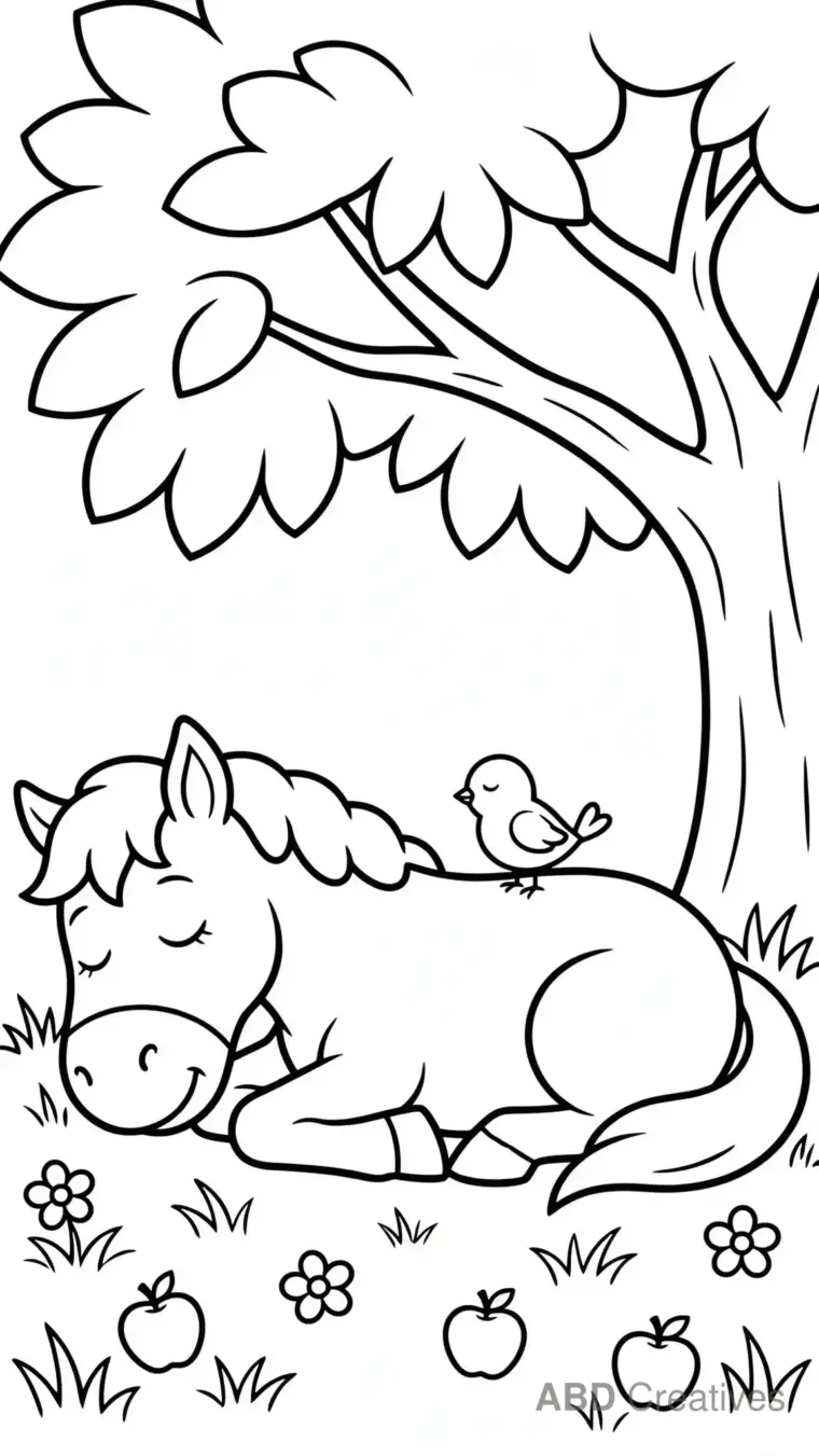 Horse Resting Under a Big Tree Coloring Page