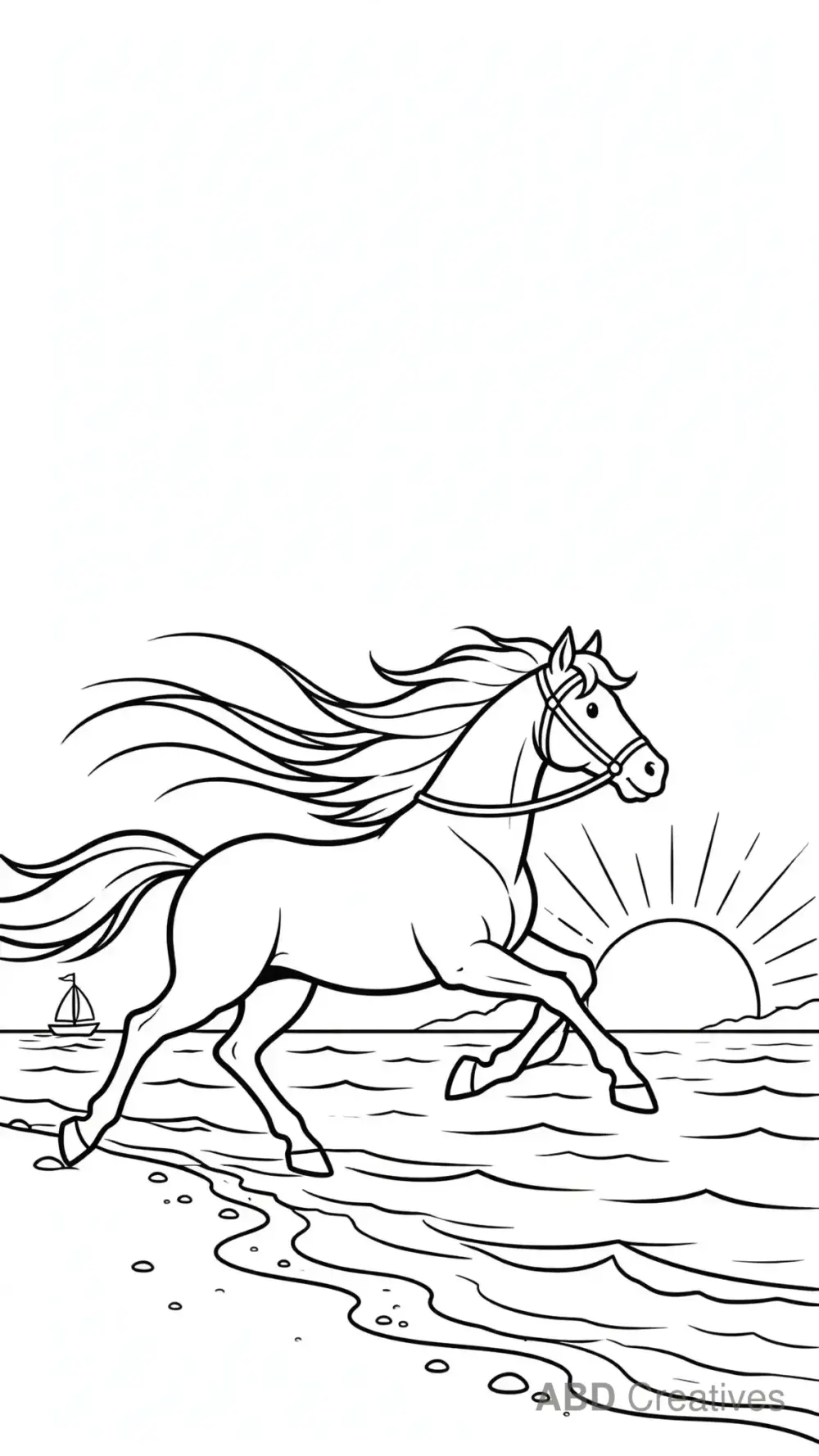 Horse Running by the Sea at Sunset Coloring Page