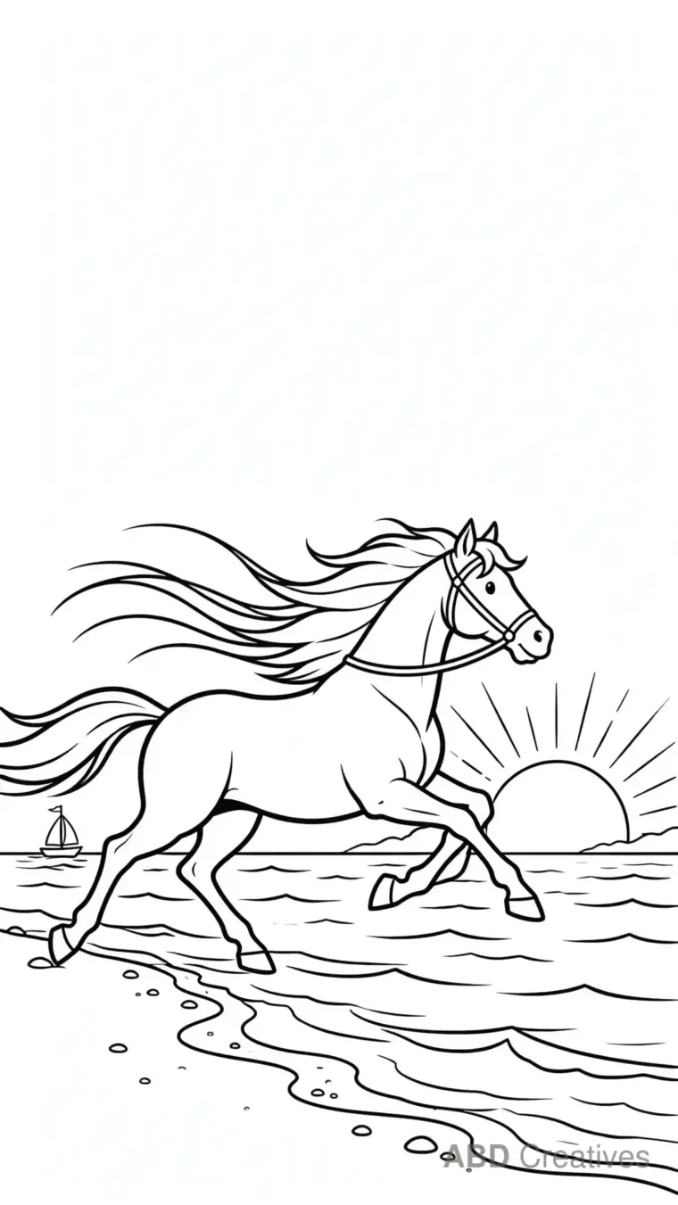 Horse Running by the Sea at Sunset Coloring Page