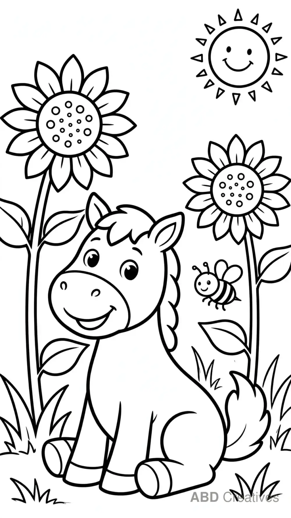 Horse Sitting Among Sunflowers Coloring Page