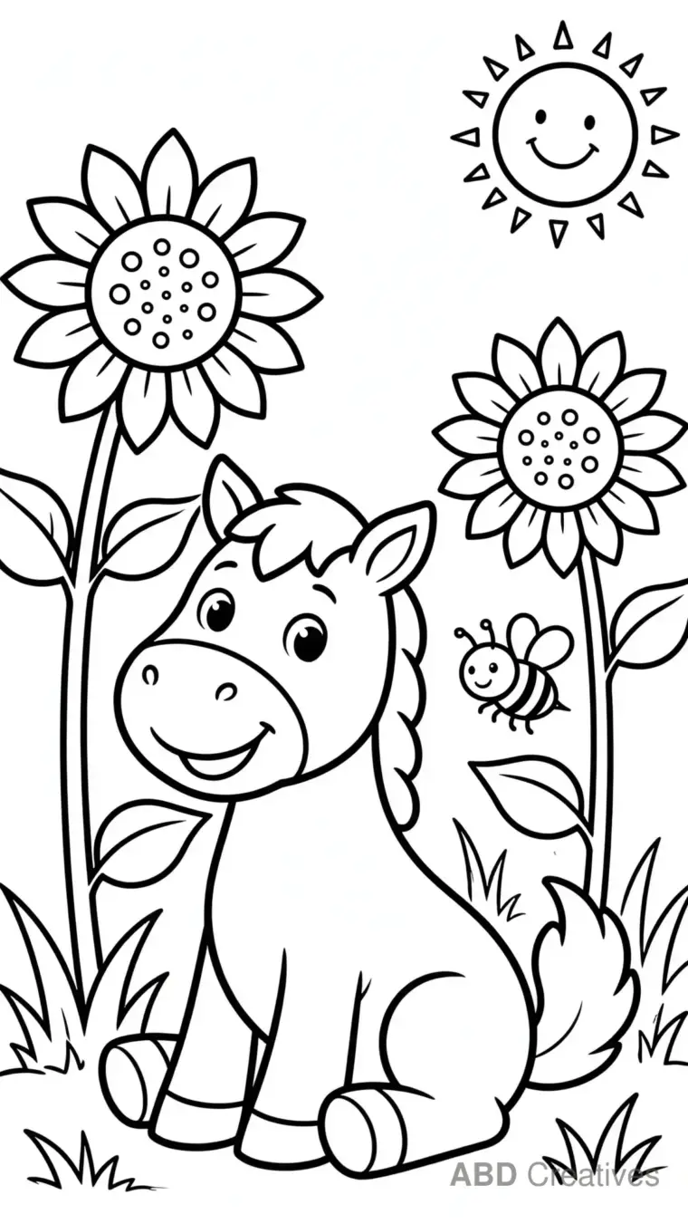Horse Sitting Among Sunflowers Coloring Page