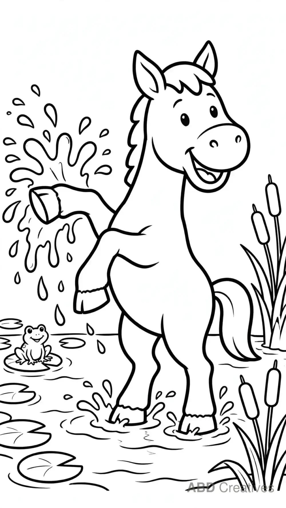Horse Splashing in a Pond Coloring Page